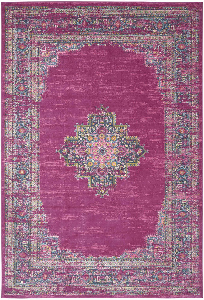 Close-up of the Nourison Passion Fuchsia Bohemian Area Rug. Features a vibrant fuchsia color and a detailed, traditional-inspired pattern.