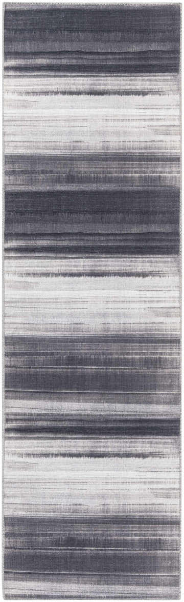 Close-up of Calvin Klein Launder Ivory Black rug. Modern design with horizontal stripes in shades of gray and ivory.