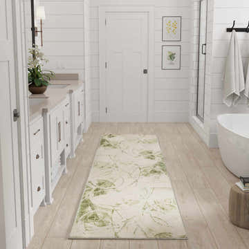 Bright bathroom scene with a Nourison Astra Beige Green runner rug on wood floor.