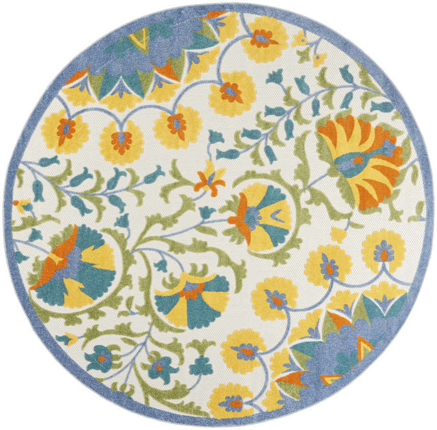Close-up of the round Nourison Aloha Multicolor rug. Features a floral pattern with yellow, blue, orange and green hues.
