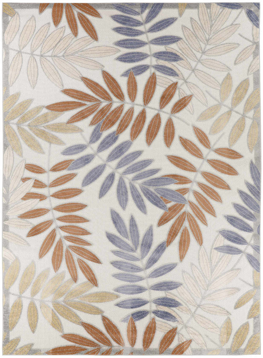 Close-up of Nourison Aloha Blue Mocha outdoor rug featuring a leaf pattern in blue, mocha, and cream.