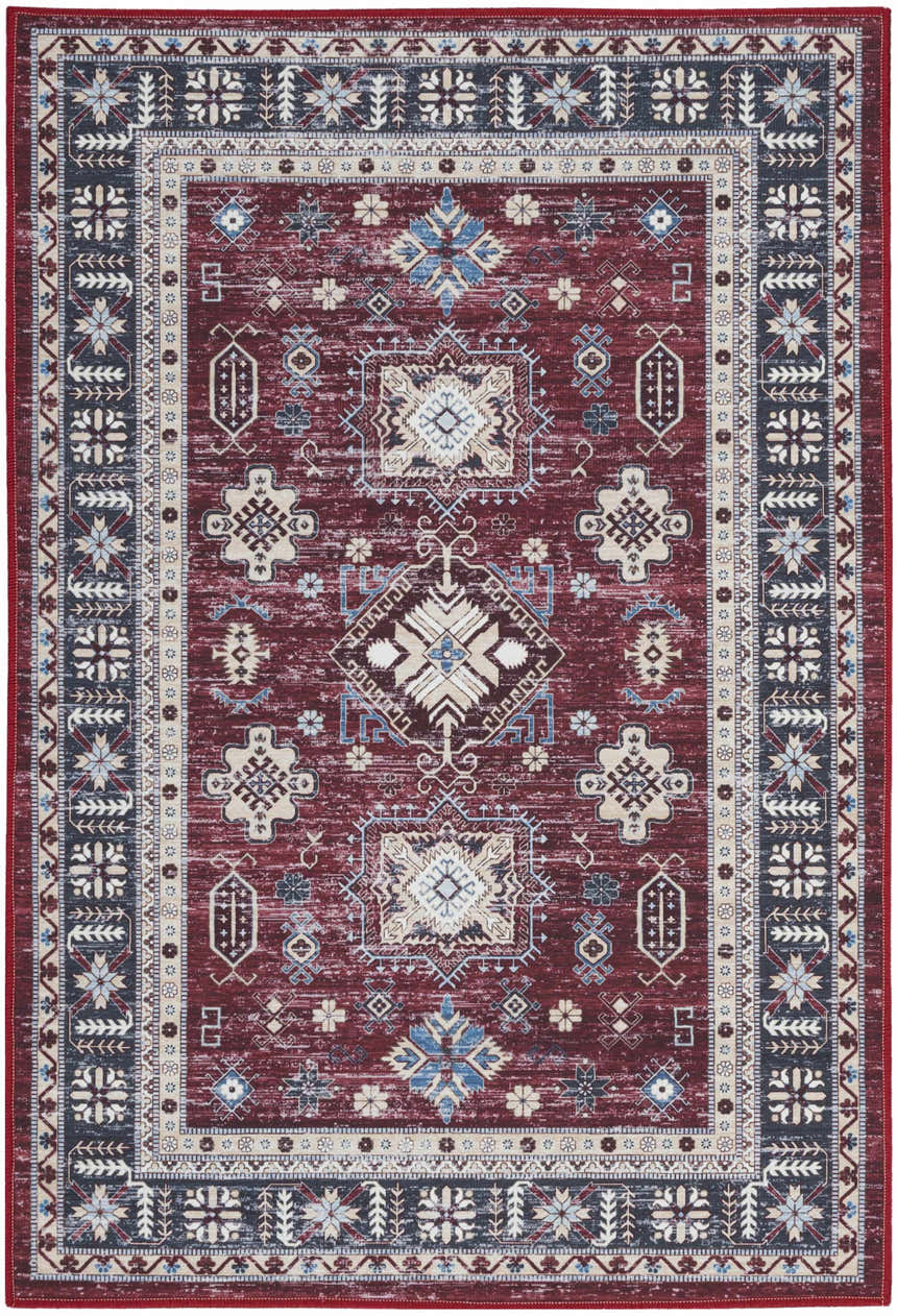 Close-up of Nourison Fulton Red Vintage Indoor Area Rug featuring a distressed, geometric pattern and red, blue, and beige tones.