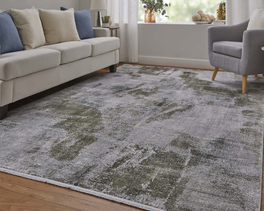 Living room scene with a Feizy Cadiz Gray/Green/Silver rug, sofa, and chair. Modern ikat pattern. Roomscene-Rectangle
