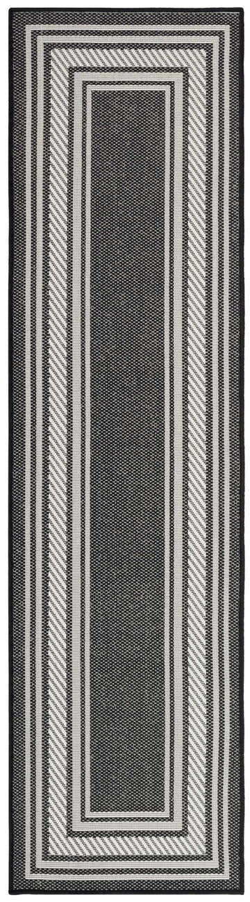 Close-up of the Nourison Horizon Black Modern Area Rug featuring a striped pattern and woven texture.