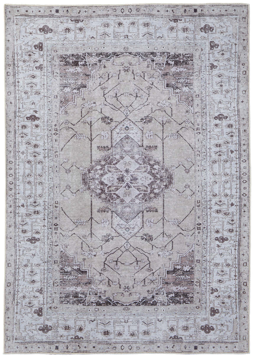 Close-up of Feizy Percy Transitional Medallion Area Rug in tan, ivory, and gray with a traditional rectangular design. Design-Rectangle