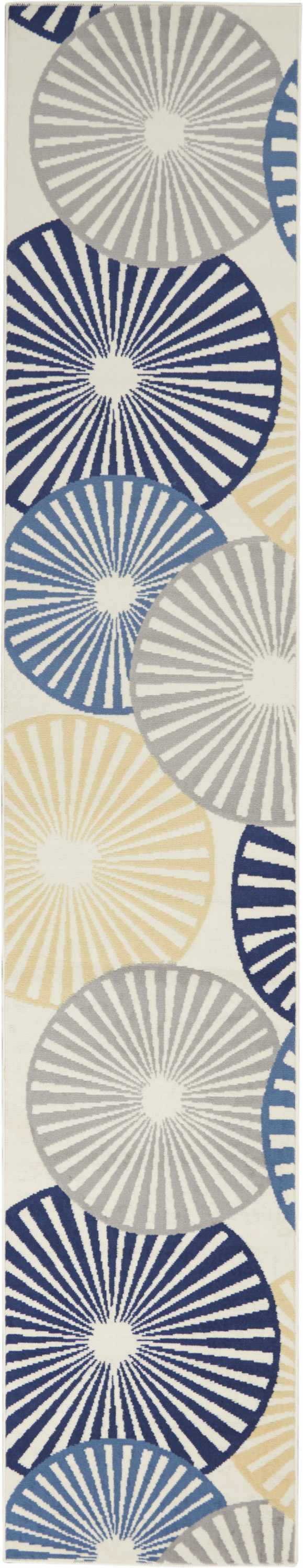 Close-up of Nourison Grafix White Contemporary rug with blue, gray, and yellow radial burst pattern.