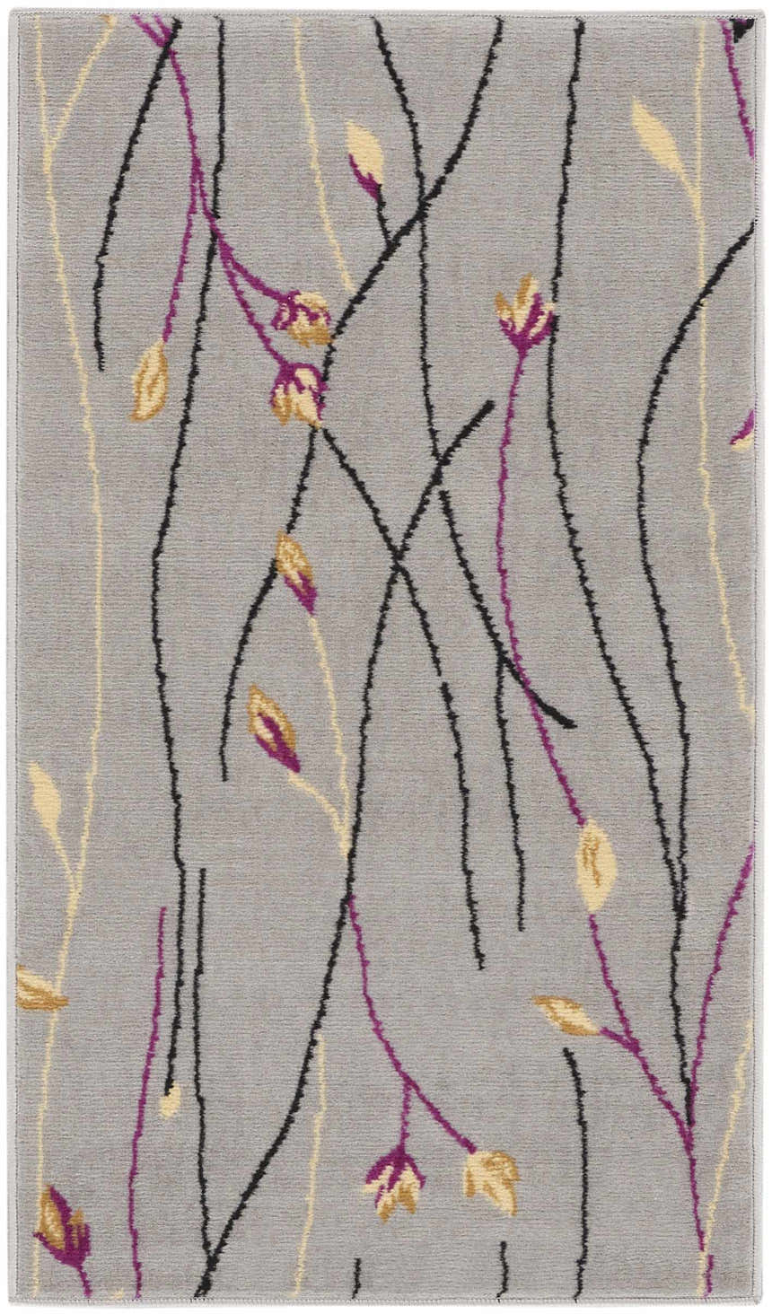 Close-up of Nourison Grafix Grey Contemporary Indoor Area Rug. Features black, purple, and gold floral design.