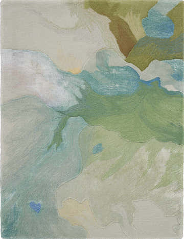 Close-up of Nourison Prismatic Seafoam rug. Abstract sage, blue, and cream pattern. Handmade mid-century modern rug.