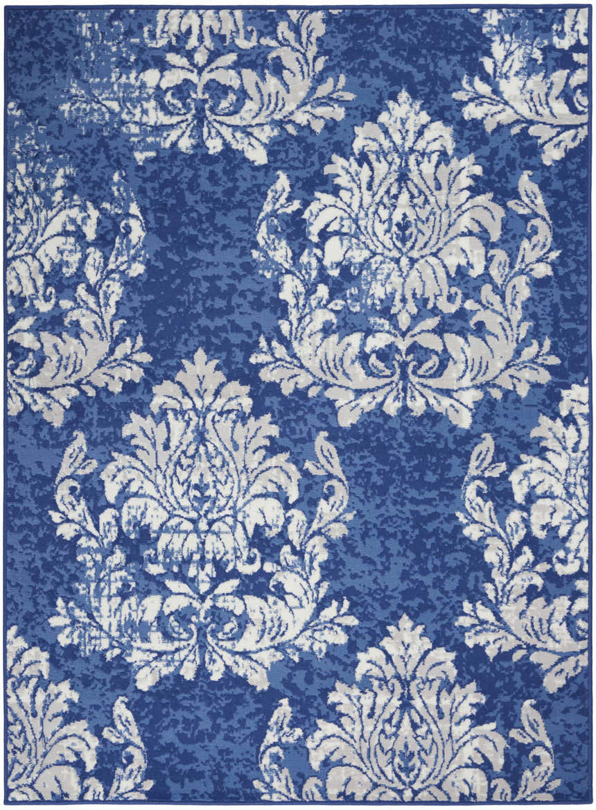 Nourison Whimsicle Navy Ivory area rug with a distressed damask pattern. Farmhouse style rug.