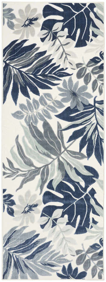 Close-up of Nourison Suncoast Blue Tropical Area Rug featuring a light blue and gray leaf and floral pattern.