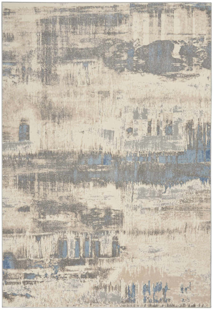 Nourison Solace Ivory Grey Blue Rug: Abstract high pile rug with chestnut, grey, and blue hues. Modern, machine-made design.