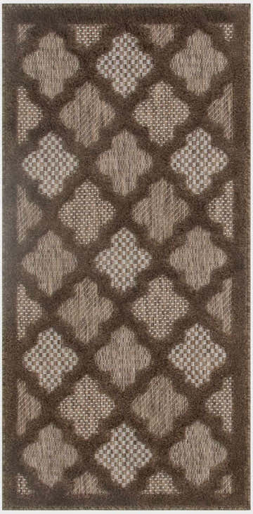 Close-up of a Nourison Easy Care Brown Modern Area Rug featuring a geometric quatrefoil pattern.