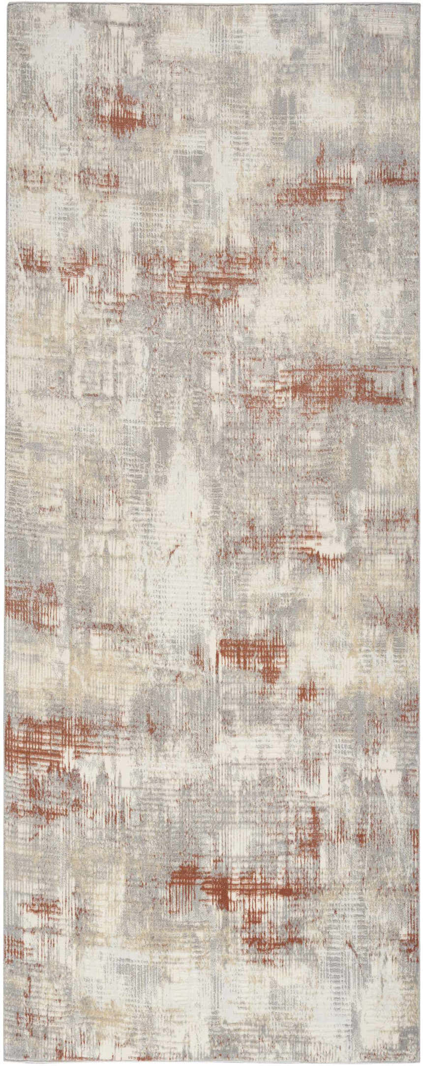 Close-up of Calvin Klein CK950 Rush rug. Ivory, chestnut, and gray mid-century modern design. High pile texture.
