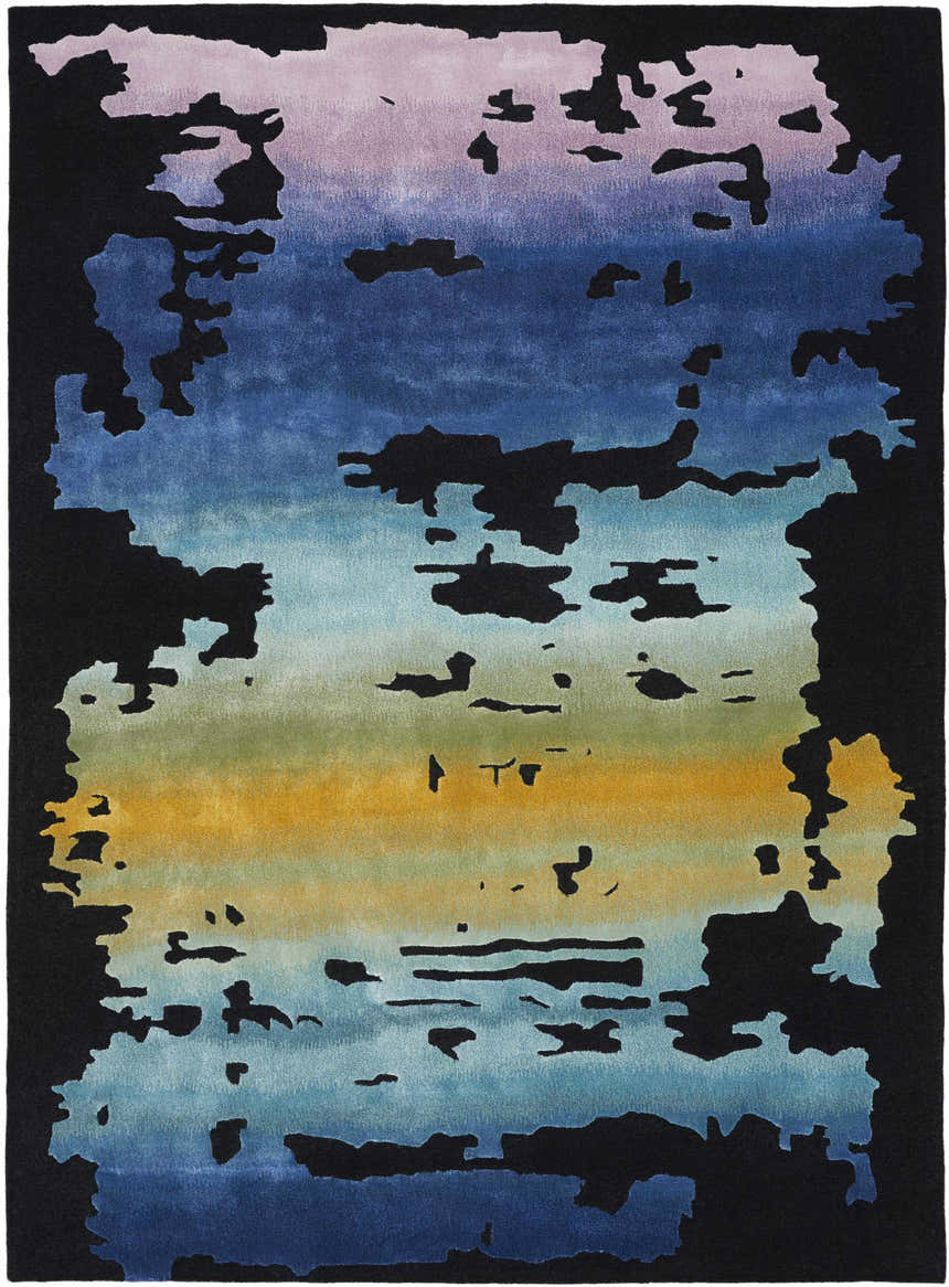 Close-up of Nourison Prismatic Black Multicolor Rug. Abstract design with black, blue, yellow, and purple hues.