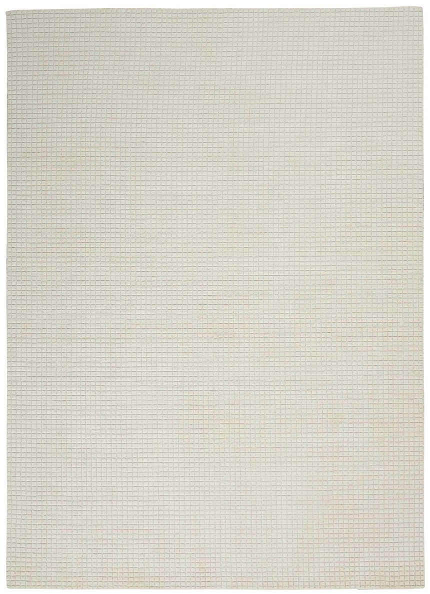 Close-up of the Calvin Klein Pretoria Ivory rug, showcasing its textured, grid-like pattern and soft mohair wool material.