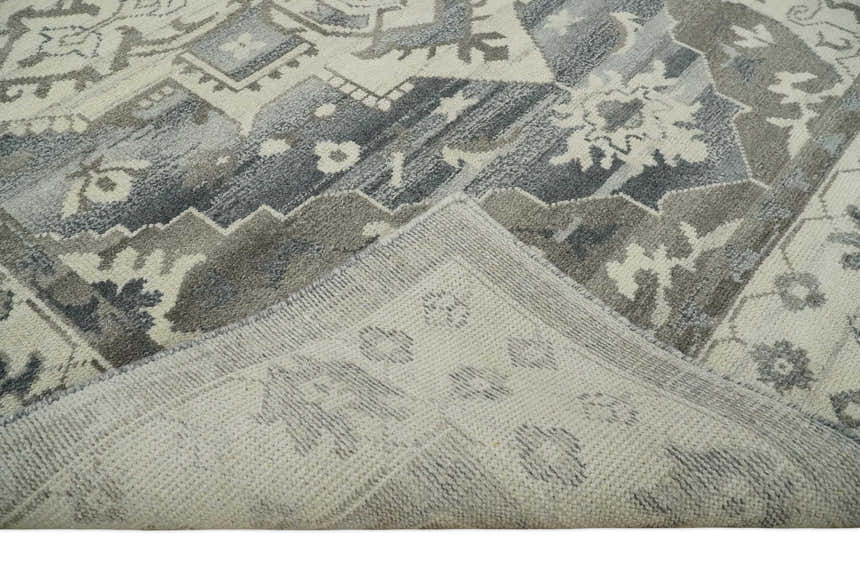 Custom Made Hand Knotted Ivory, Charcoal and Gray Traditional Medallion Natural Wool Area Rug, Kids, Living Room and Bedroom Rug