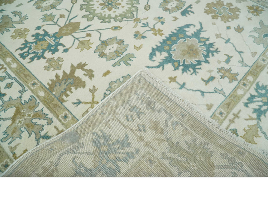 Hand Knotted Ivory, Beige and Teal Antique look Traditional Oushak Multi Size Wool Area Rug