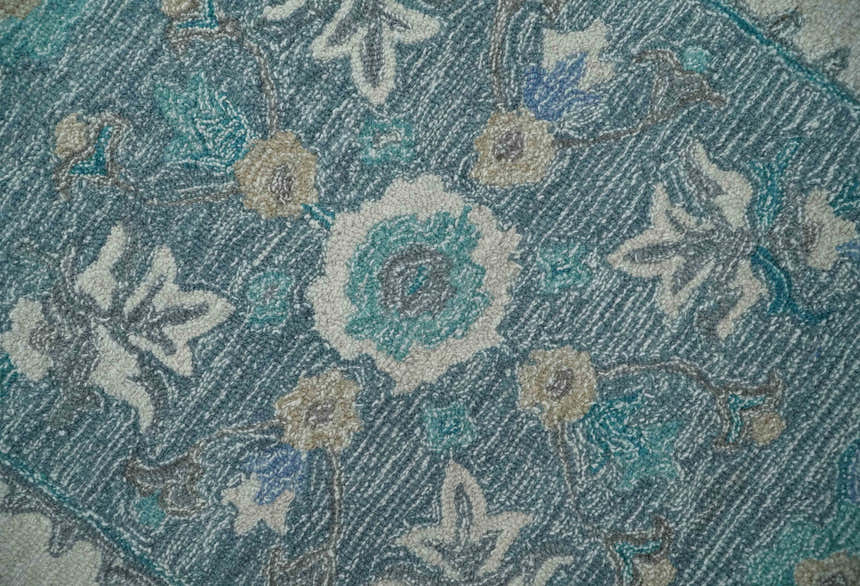 French Design Aubusson Custom Made Ivory and Blue Hand Tufted Wool Area Rug