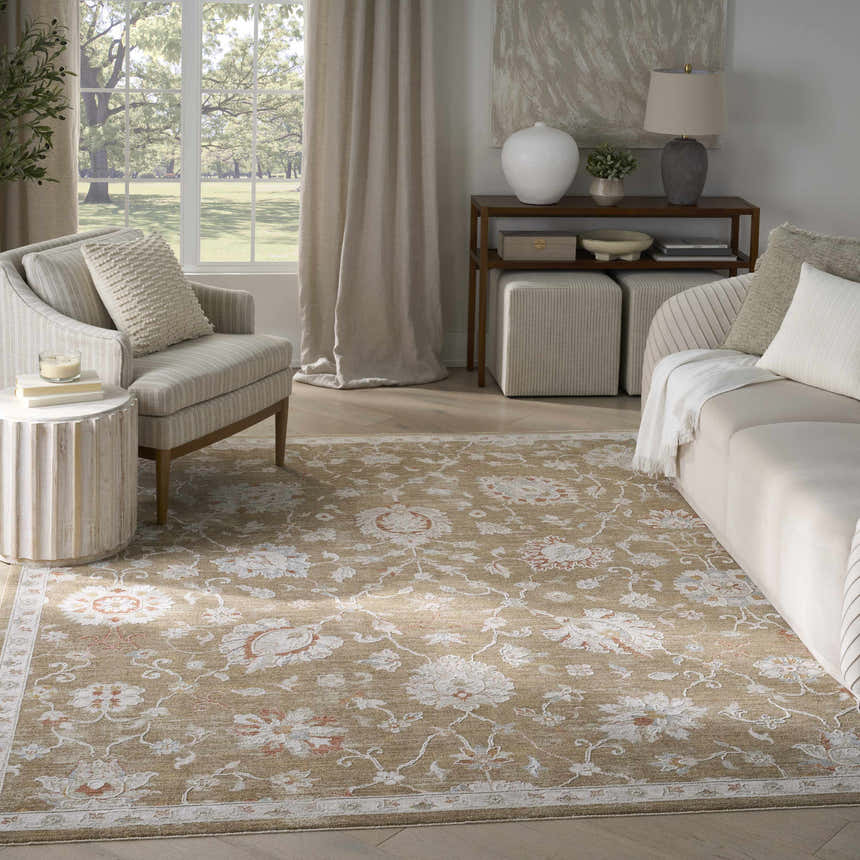 Living room with beige seating and Nourison Infinite Mocha Vintage Indoor Area Rug in light brown floral pattern.