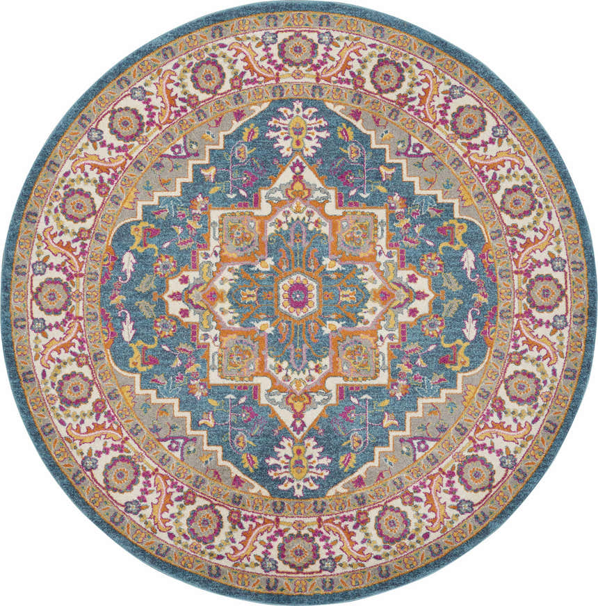 Detailed round Nourison Passion Teal Multicolor rug with a bohemian floral medallion pattern.