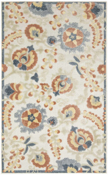 Close-up of Nourison Aloha Grey Multicolor Area Rug. Farmhouse style with floral pattern in gray, beige, rust, and yellow.
