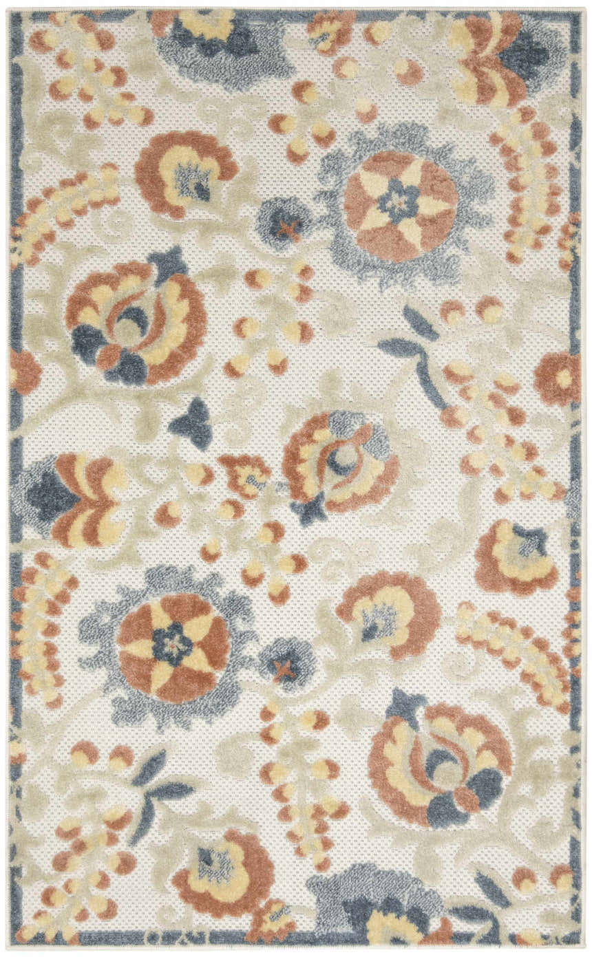 Close-up of Nourison Aloha Grey Multicolor Area Rug. Farmhouse style with floral pattern in gray, beige, rust, and yellow.