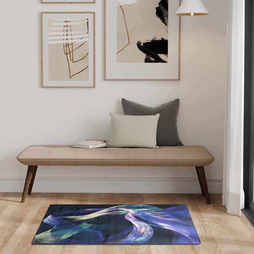 Entryway with a Nourison Blue Multicolor rug, beige bench, and abstract art.