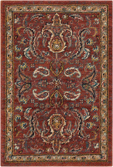 Close-up of the Nourison 2020 Brick Traditional Indoor Area Rug, showcasing its red, blue, and gold floral and paisley pattern.