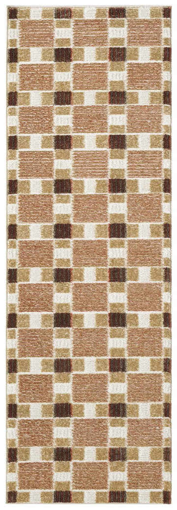 Close-up of the Nourison Nordic Rust rug. Modern design with rust, tan, brown, and cream square pattern.