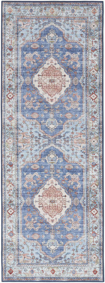 Close-up of Nourison Fulton Blue Vintage Indoor Area Rug, featuring a traditional, distressed pattern in light blue and coral tones.