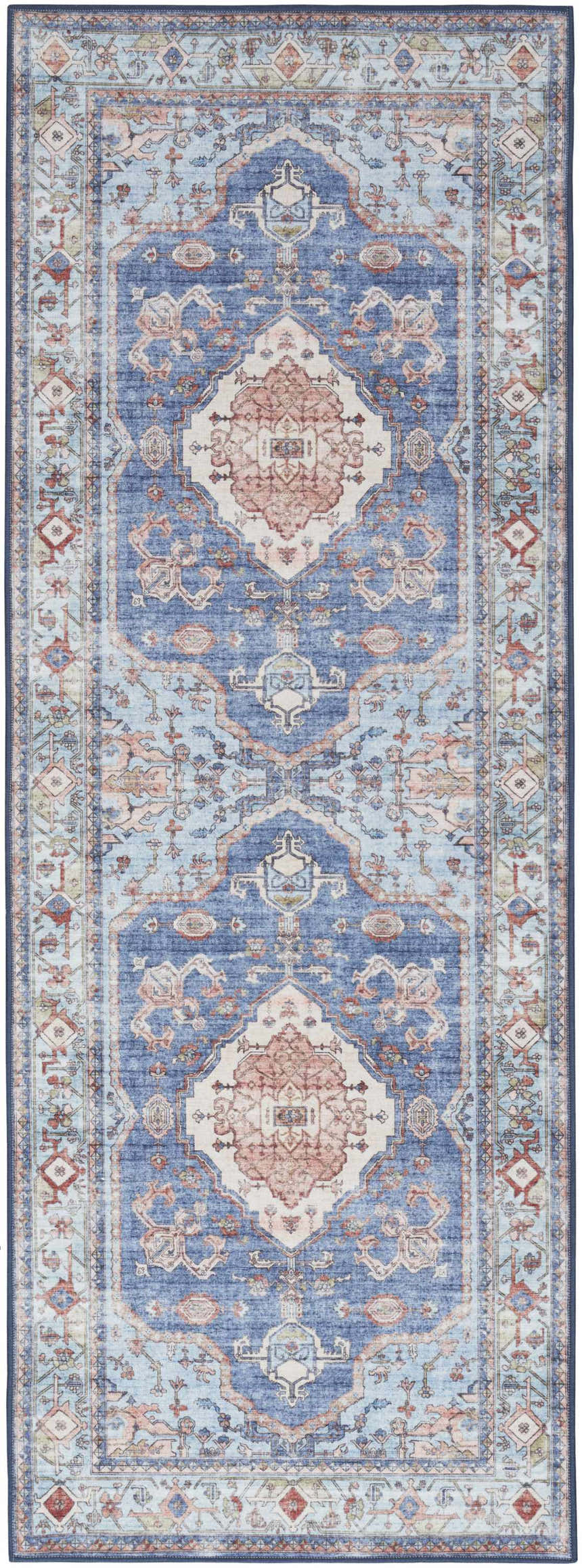 Close-up of Nourison Fulton Blue Vintage Indoor Area Rug, featuring a traditional, distressed pattern in light blue and coral tones.