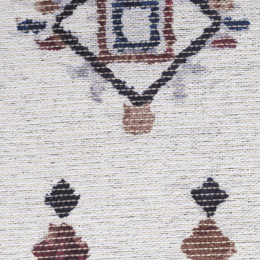 Close-up of Nourison New Concept Ivory Multicolor Bohemian Rug pattern; geometric diamonds and tassels on a textured ivory base.