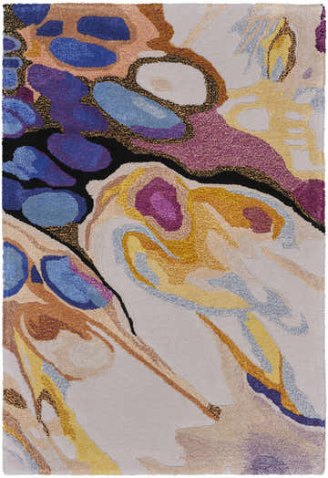 Close-up of the Nourison Prismatic Grey Lilac Multicolor rug. Abstract design with blue, purple, gold, and neutral tones.