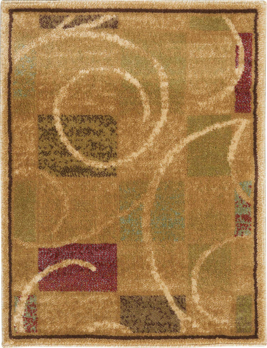 Close-up of Nourison Expressions Beige Modern Indoor Area Rug with geometric squares and swirling line details.