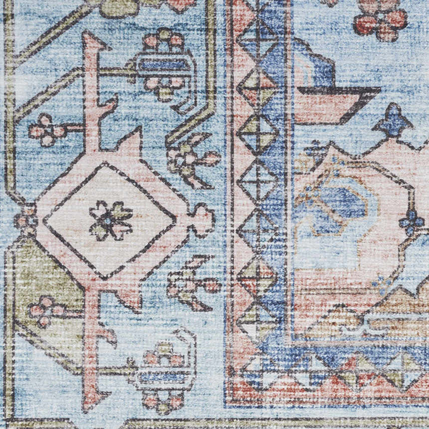 Close-up of Nourison Fulton Blue Vintage Area Rug, showcasing light blue, red, and green vintage-inspired design and texture.