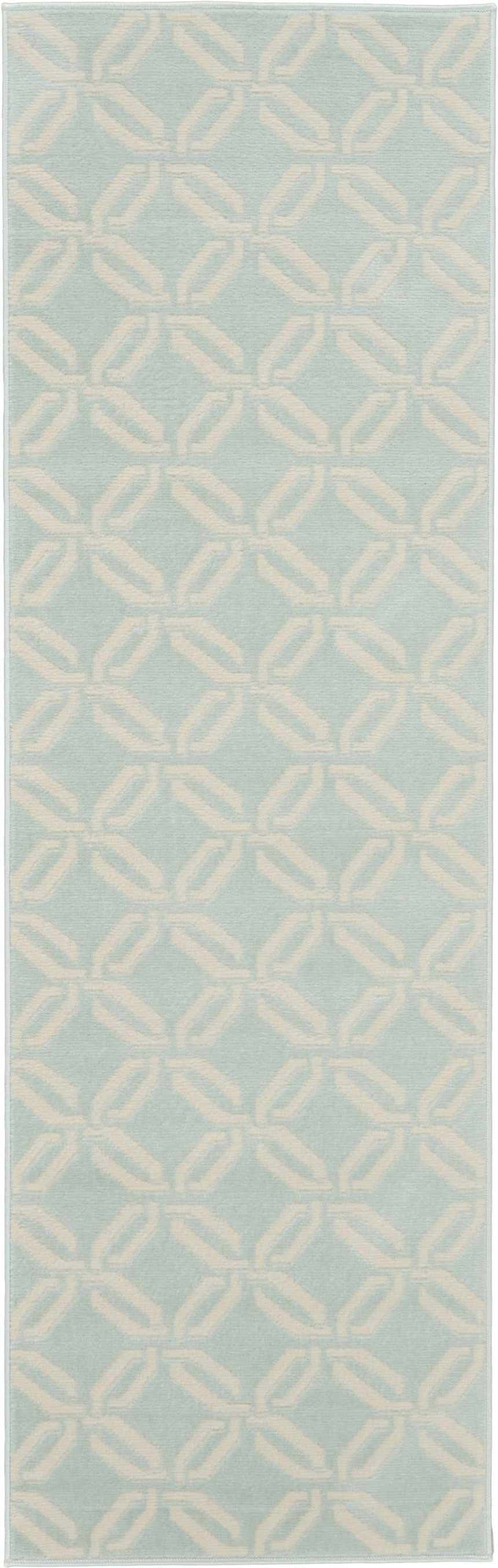 Close-up of Nourison Jubilant Green rug. Coastal style with a geometric chain-link pattern in light beige on a soft green background.