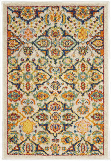 Close-up of Nourison Allur Ivory Multicolor rug. Bohemian pattern with chestnut, blue, orange, and yellow tones.