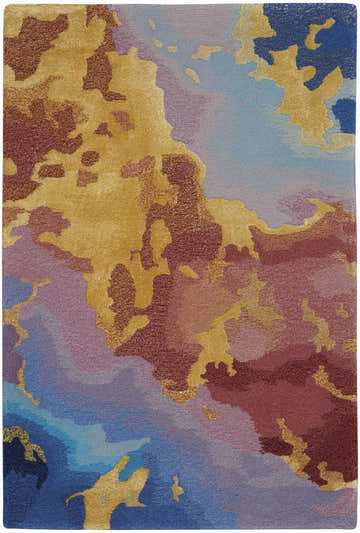 Close-up of the Nourison Prismatic Multicolor rug. Contemporary design in blue, gold, purple, and burgundy hues. Abstract pattern.