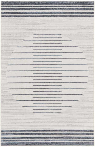 Close-up of Nourison Astra Ivory Blue rug with mid-century modern stripe design. Washable area rug.