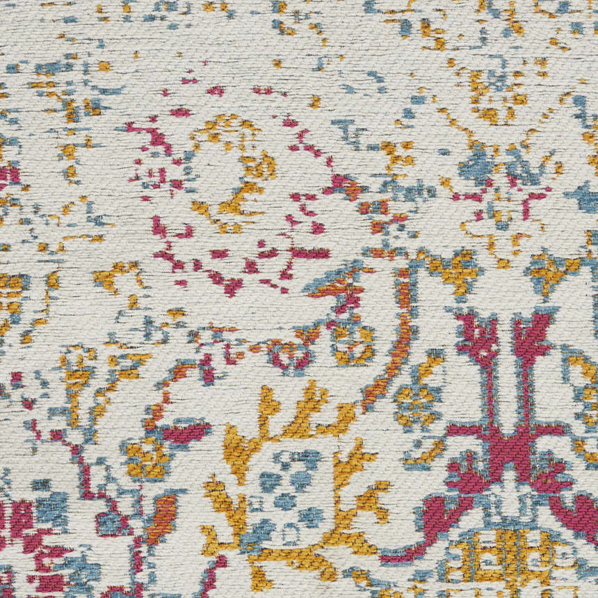 Close-up of Nourison Damask Multicolor Bohemian Area Rug. Features a textured weave with pink, gold and blue damask pattern.