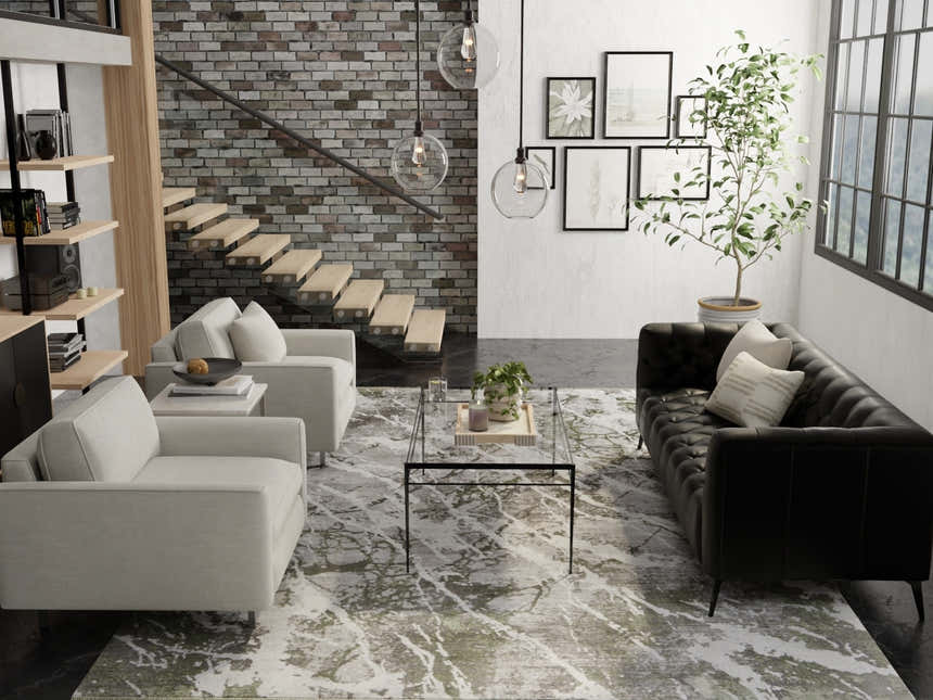 Living room scene with Feizy Cadiz Gray/Green/Taupe rug, modern furniture, and natural light. Roomscene-Rectangle