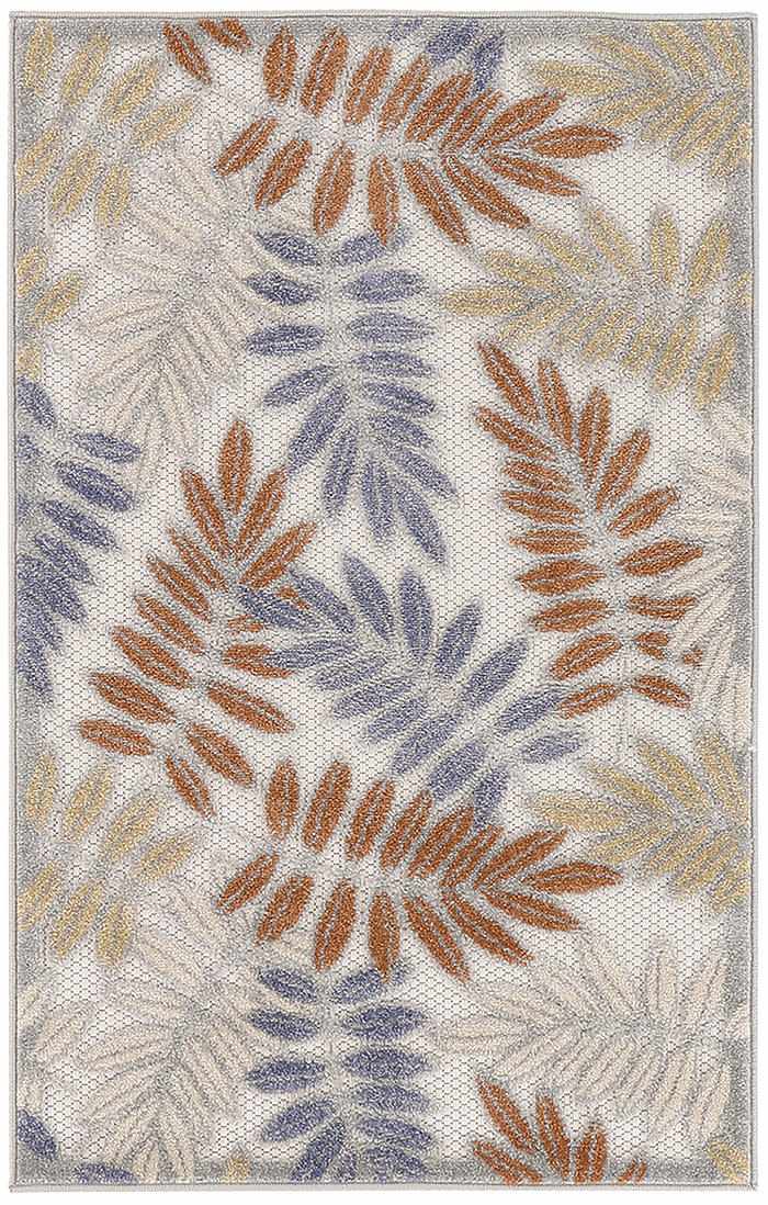 Close-up of Nourison Aloha Blue Mocha outdoor rug with a leaf pattern in blue, mocha, and beige.