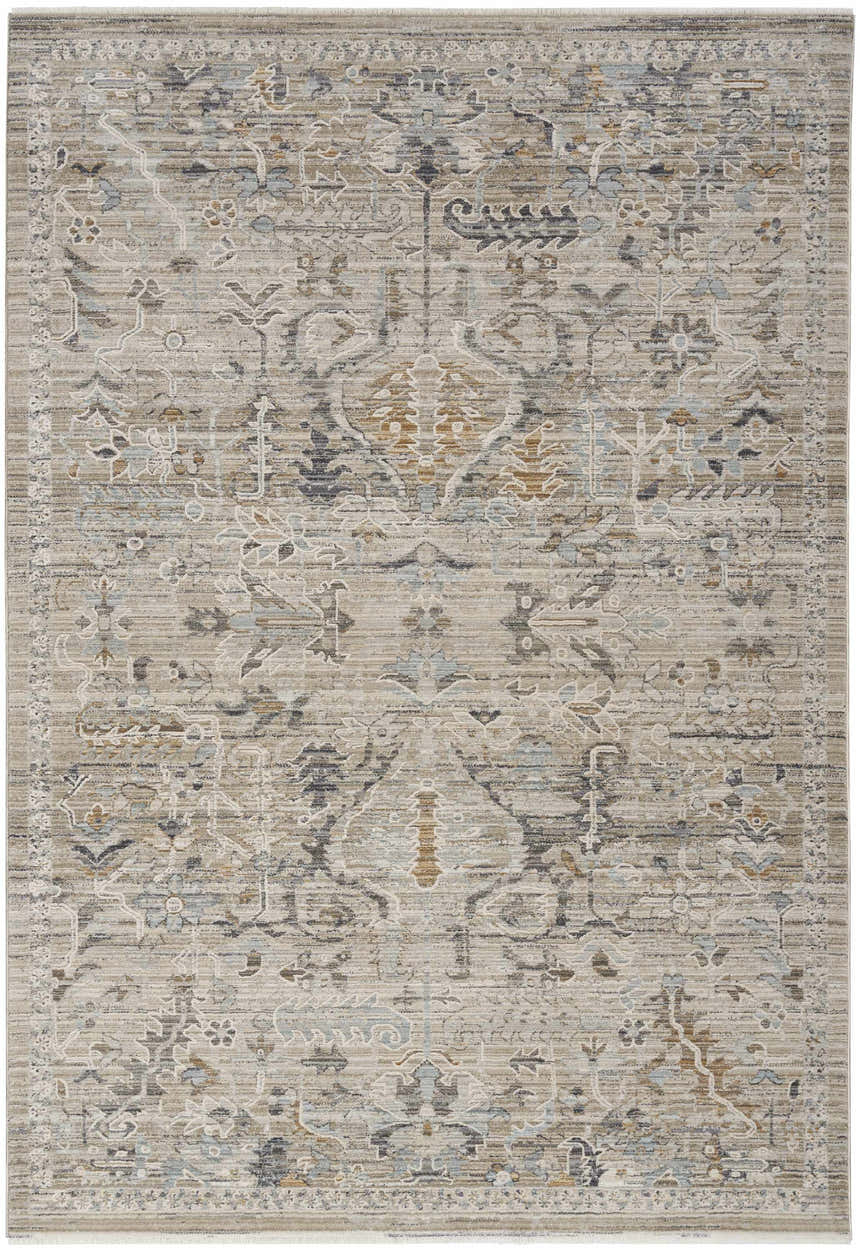Close-up of the Nourison Lynx Ivory Taupe Vintage Area Rug showcasing its distressed floral pattern and soft ivory, taupe, and blue hues.