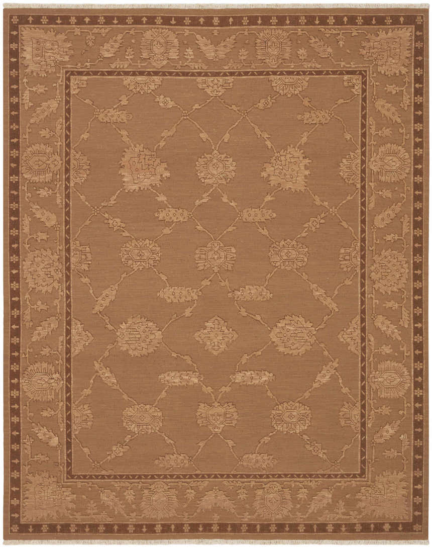 Handmade Nourison Silk Pointe Brown Vintage Area Rug with floral trellis pattern and dark brown border.