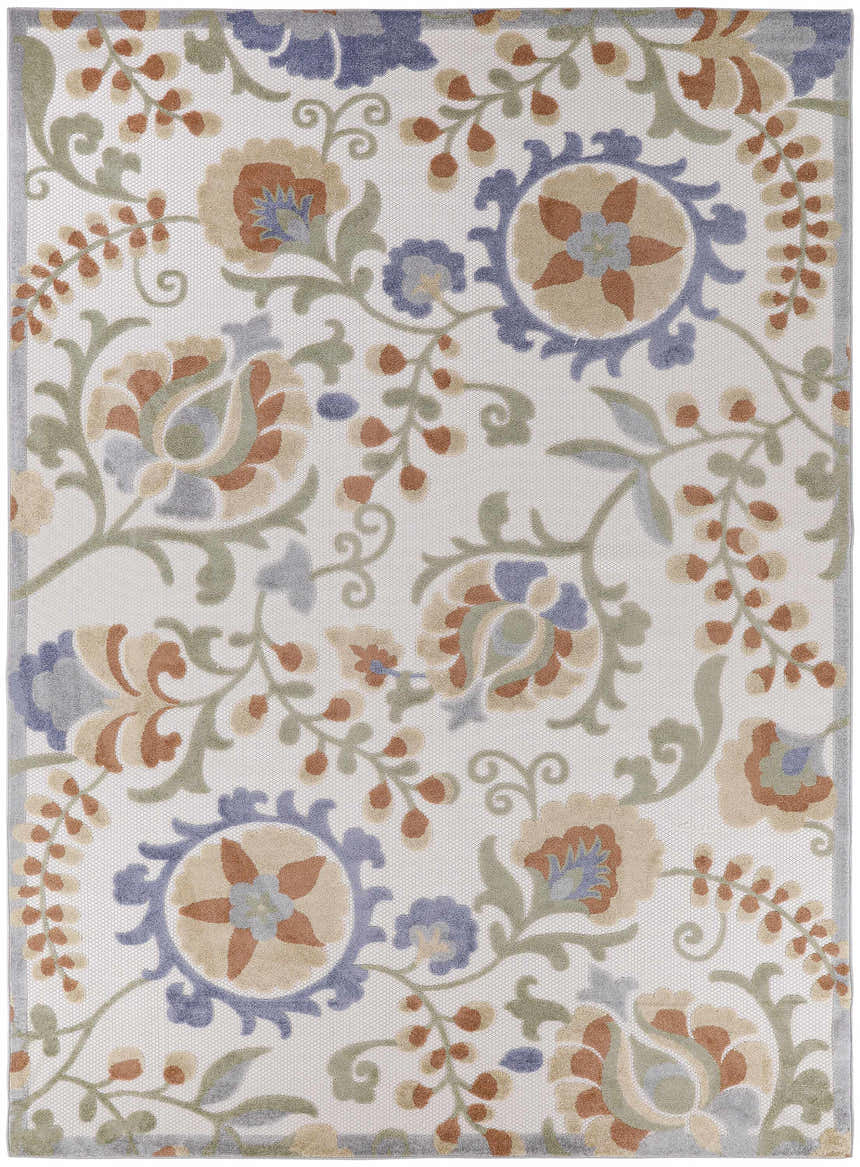 Close-up of Nourison Aloha Ivory Blue Outdoor Area Rug, featuring a floral chestnut, blue, and ivory pattern.