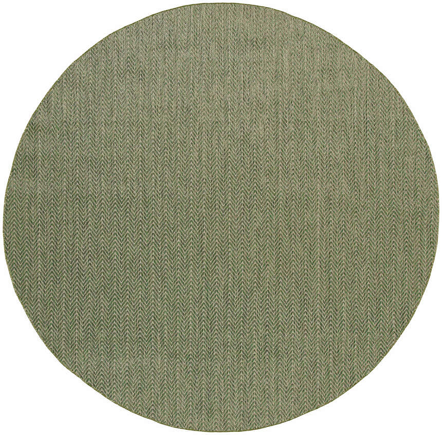Close-up of a round Nourison Horizon Green Area Rug featuring a subtle herringbone pattern.