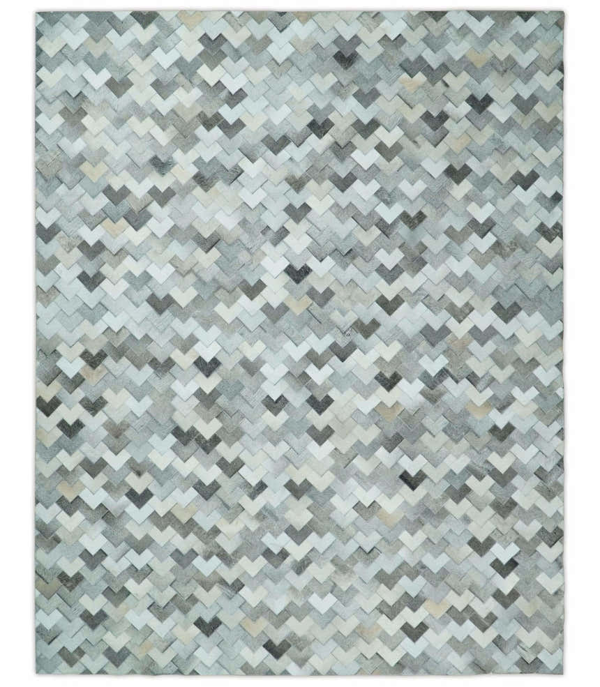 Custom Made Ivory and Gray Leather Rug | Hairon Genuine Leather, Cowhide rug, Chevron Tile Geometric Rug