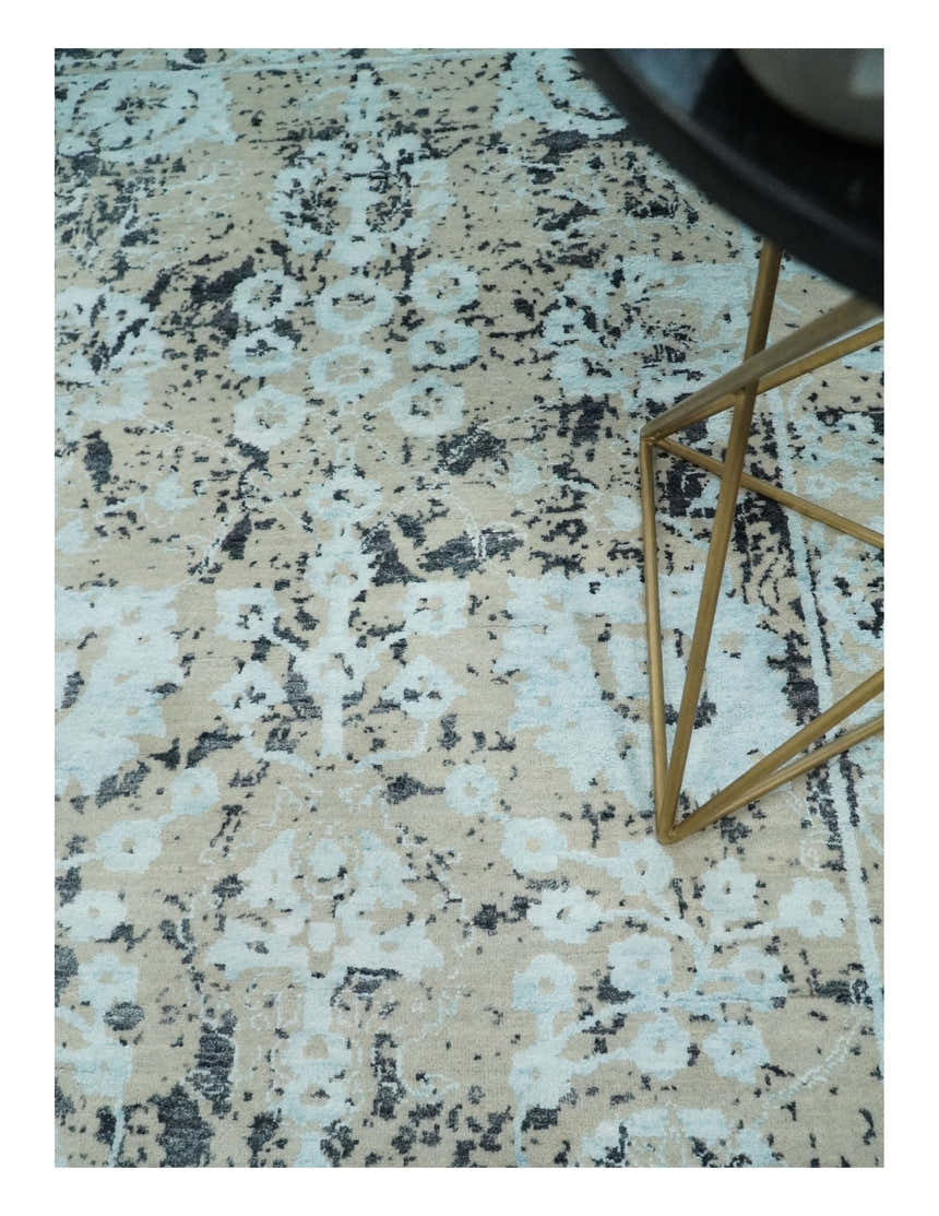 4x6 Fine Hand Knotted Aqua, Beige and Black Traditional Vintage Persian Style Antique Wool and Bamboo Silk Rug | AGR10