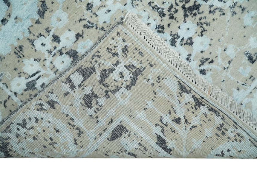 4x6 Fine Hand Knotted Aqua, Beige and Black Traditional Vintage Persian Style Antique Wool and Bamboo Silk Rug | AGR10