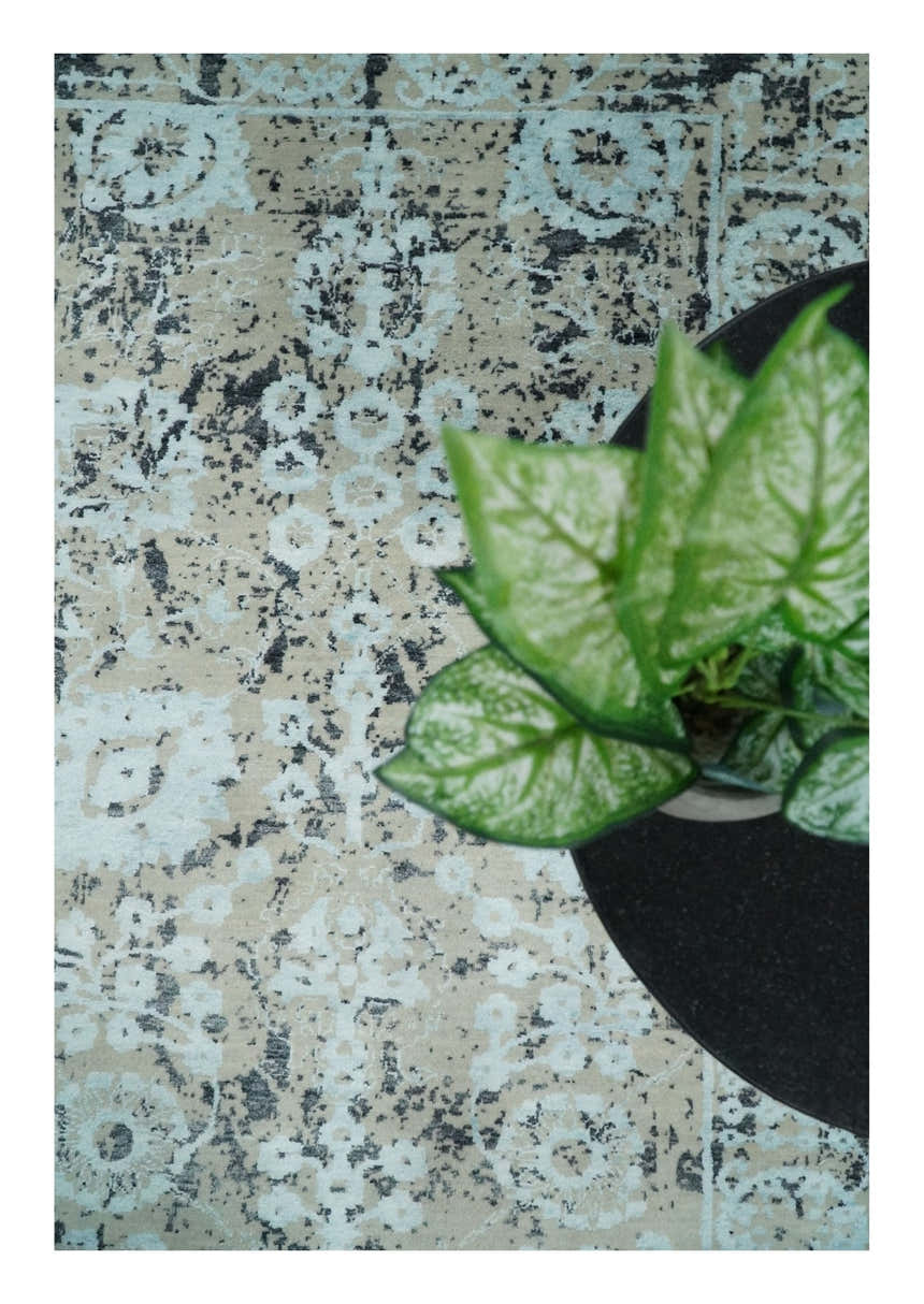 4x6 Fine Hand Knotted Aqua, Beige and Black Traditional Vintage Persian Style Antique Wool and Bamboo Silk Rug | AGR10